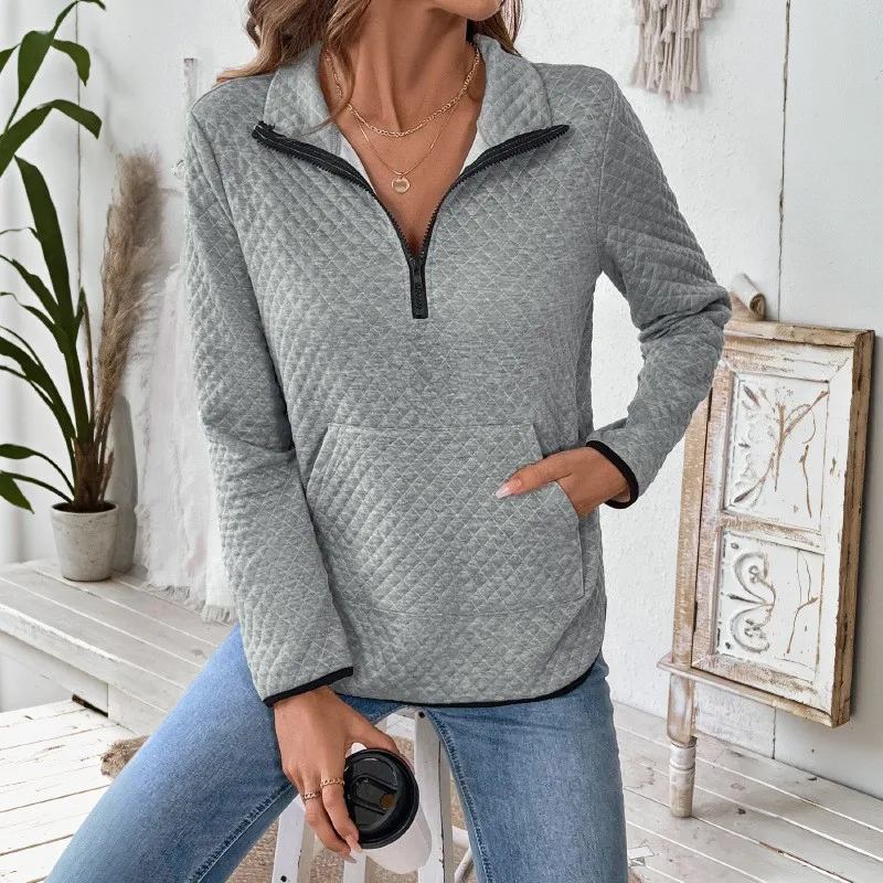 Grey Waffle Hoodie V-neck Zipper Half Open Casual Solid Color Versatile Texture Top Splicing Kangaroo Bag Spring New Item Hoodie