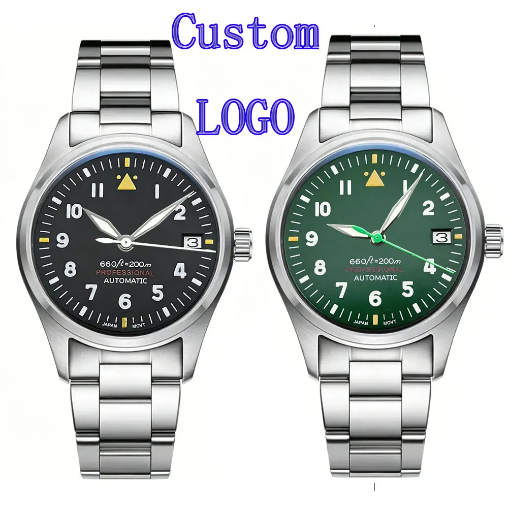 Custom LOGO 36mm 39mm Pilot Watch Men NH35 Automatic Mechanical Watches Blue Black Dial Sapphire 100m Waterproof Wristwatch