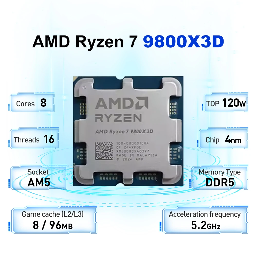 معالج AMD Ryzen 7 9800X3D 4.7 جيجا هرتز 8-Core 16-Thread L3=96M 4NM DDR5 R7 9800X3D مقبس 120 وات AM5 بدون مروحة