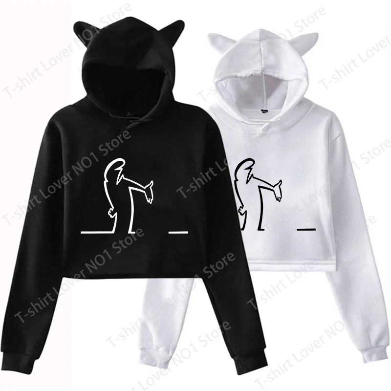 New Women Girl Clothing Balum La Linea Printing Hooded Cat Ear Pullovers Long Sleeve Short Casual Tops