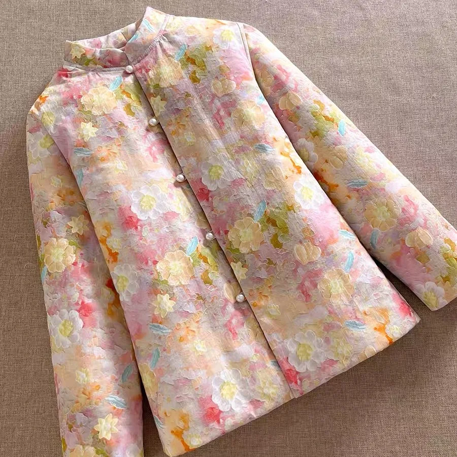 

Ladies Thickened Floral Cotton Jacket Slim Fit Outerwear Warm Coat New Chinese Style Autumn Winter Top Button up Long Sleeve