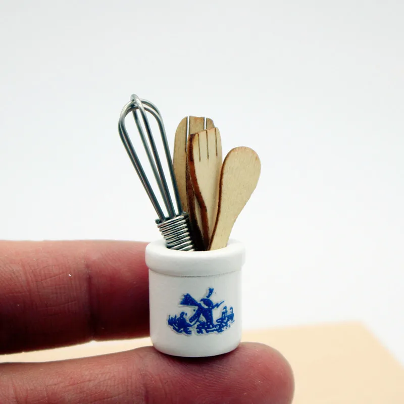 1Set Miniature Dollhouse Wooden Spatula Knife Fork Egg Beater Jar Tools - Home Decor Photography Props Miniature Toys