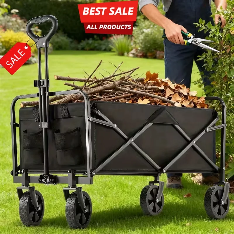 Multi‑functional Practical Leaf Collector Wagon Cart Heavy Duty Metal Frame Foldable Rolling Transport Trolley Large Load Bearing Multi‑scene Utility Wagon For Garden Yard Lawn Leaf Collection Yard Waste Cleaning Outdoor Farm Landscaping Work