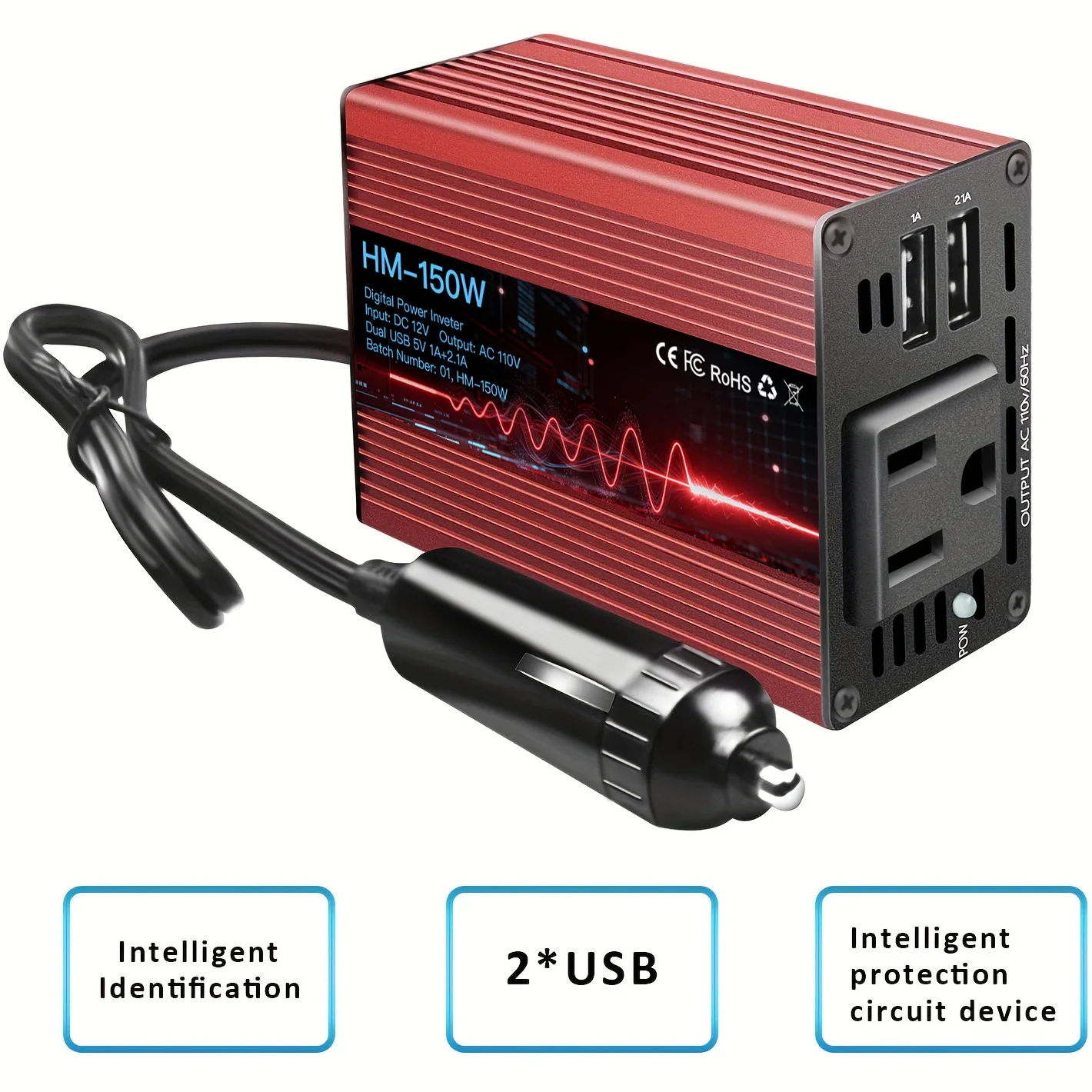 150W Car Power Inverter 12V DC to 110V 220V AC Converter with 3.1A Dual USB Fast Charger Adapter for Phone Laptop iPad Overload