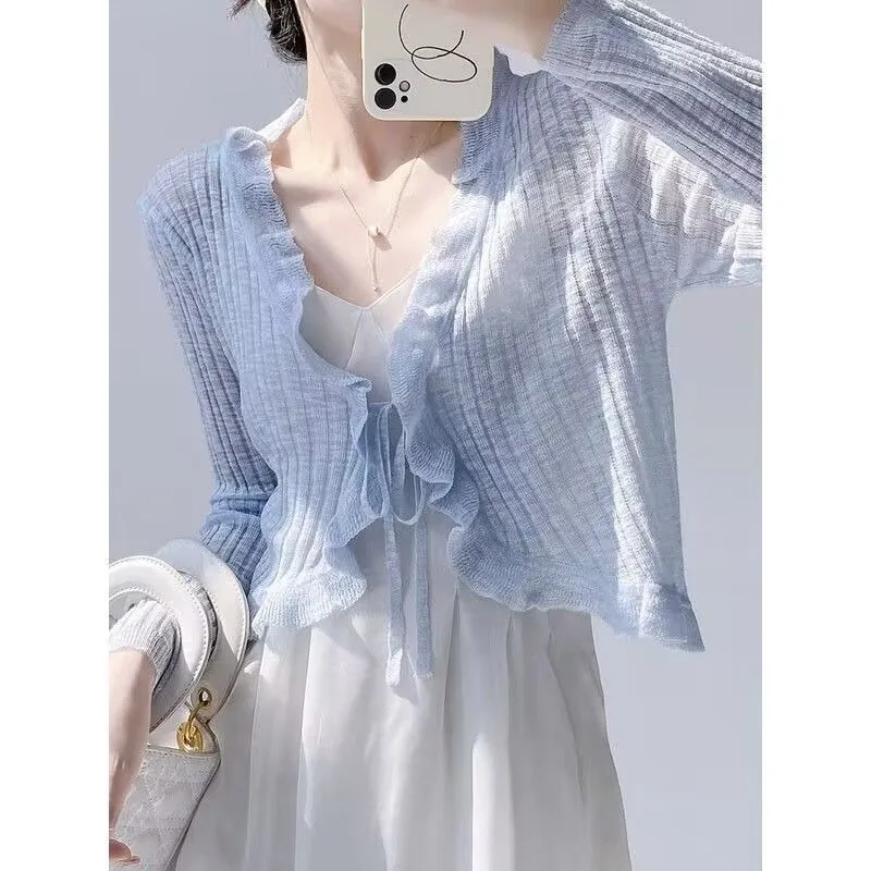 

Sunscreen Thin Cardigan Women Suspender Dress Cover-up Long-sleeved Solid Simple V-neck Knitted Top Casual Cropped Cardigan Coat