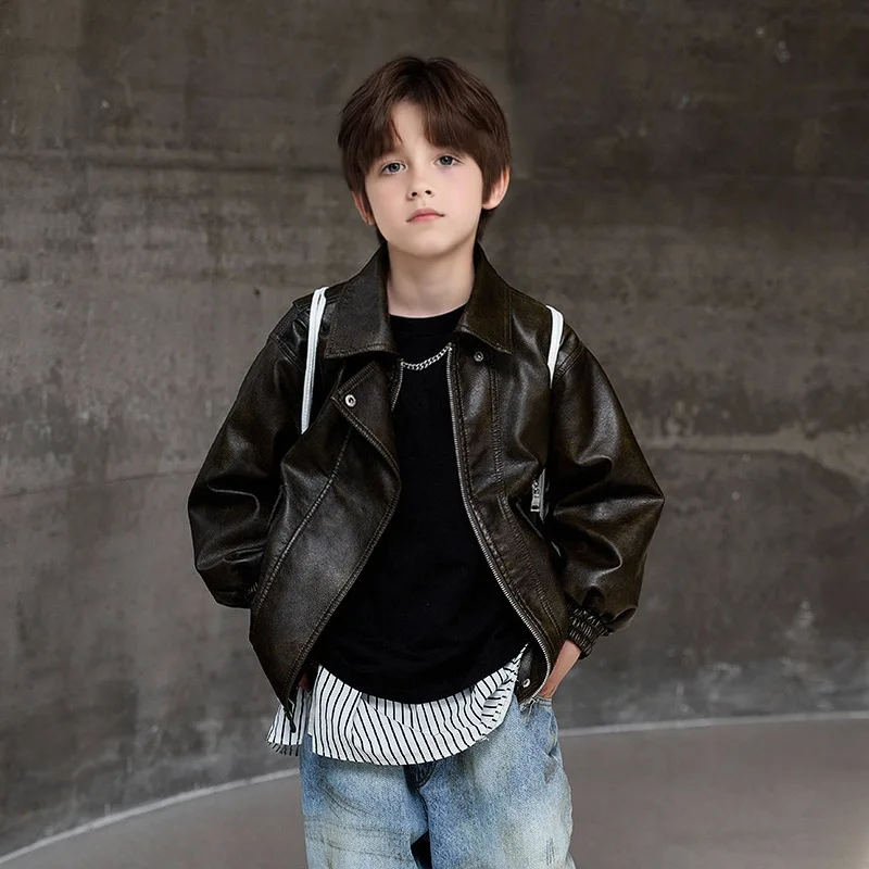 Boys Dark Green Waterproof Windproof Coat 2-12Y Children Black Rock Motorcycle Pu Leather Jacket Kids Street Photography Wear