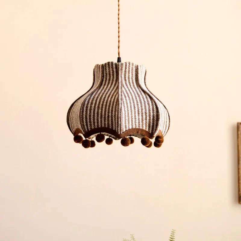 French Vintage Striped Fabric Pendant Lamp Vintage Living Room Restaurant Pendant Light Decoration Bedroom Bedside Hanging Lamp