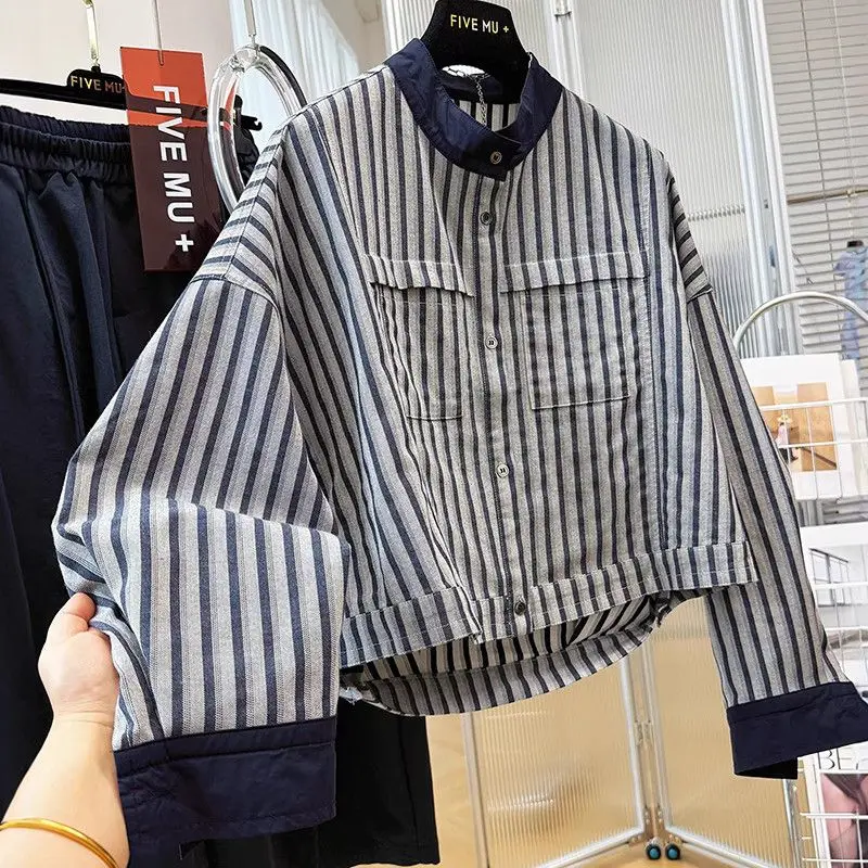 

Spring/Summer New Women's Shirt Coat Splicing Stand Up Collar Stripe Oversize Short Top