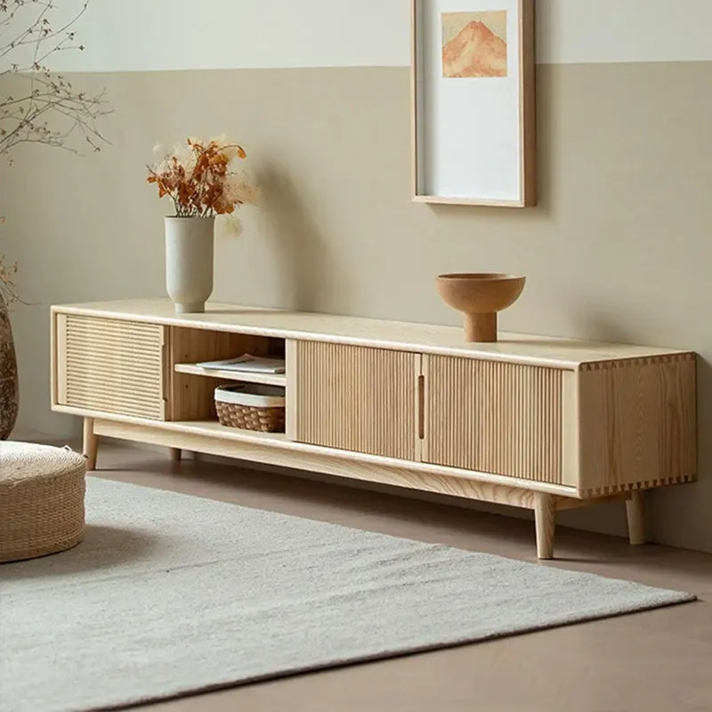 

Nordic TV Cabinet Made of Solid Wood White Wax Wood Modern and Simple for The Living Room with Grille Floor Cabinet and Storage
