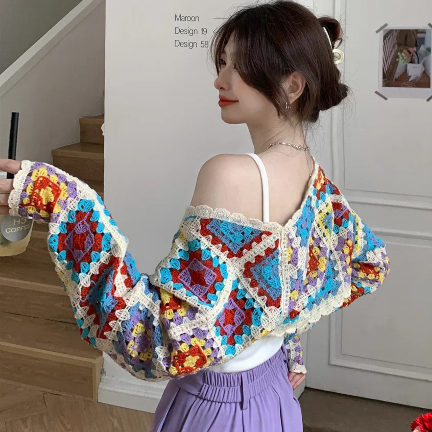 

Korean Style Y2K Retro Colorful Crocheted Hollow Cardigan Knitted Jacket Women's Design Thin Short Jacket Shawl