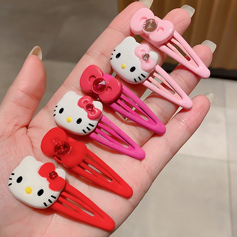 Sanrio Kawaii Hairpin Pink Hello Kitty BB Clips Sweet Cute Cat Hair Clip Zircon Bow Bangs Clip Girl For Girls Hair Accessories