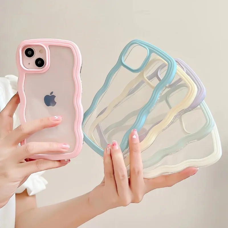 Cartoon Transparent Curly Wave Soft Case For iPhone 16 11 12 13 14 15 Pro Max 7 8 Plus XR XS Shockproof Bumper Cover Capa Girl