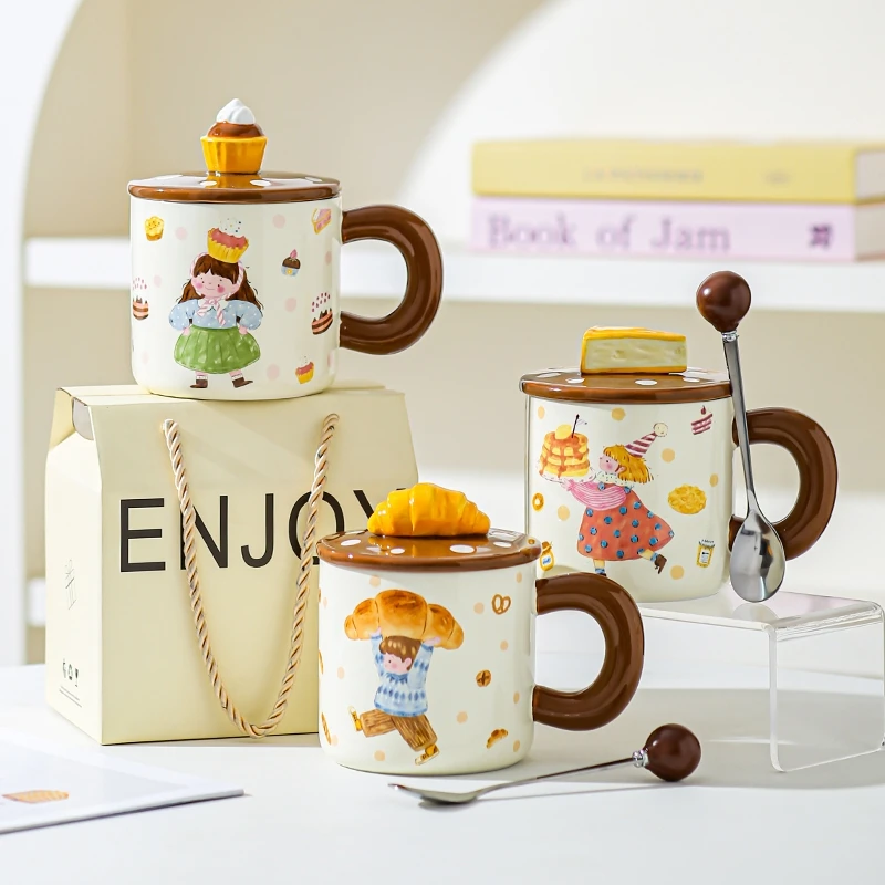 صندوق هدايا أطقم أكواب سيراميك منزلية 400 مللي حلوى جمالية عالية بمقبض شخصية كرتونية أكواب كوب للزوجين مع مغرفة وغطاء