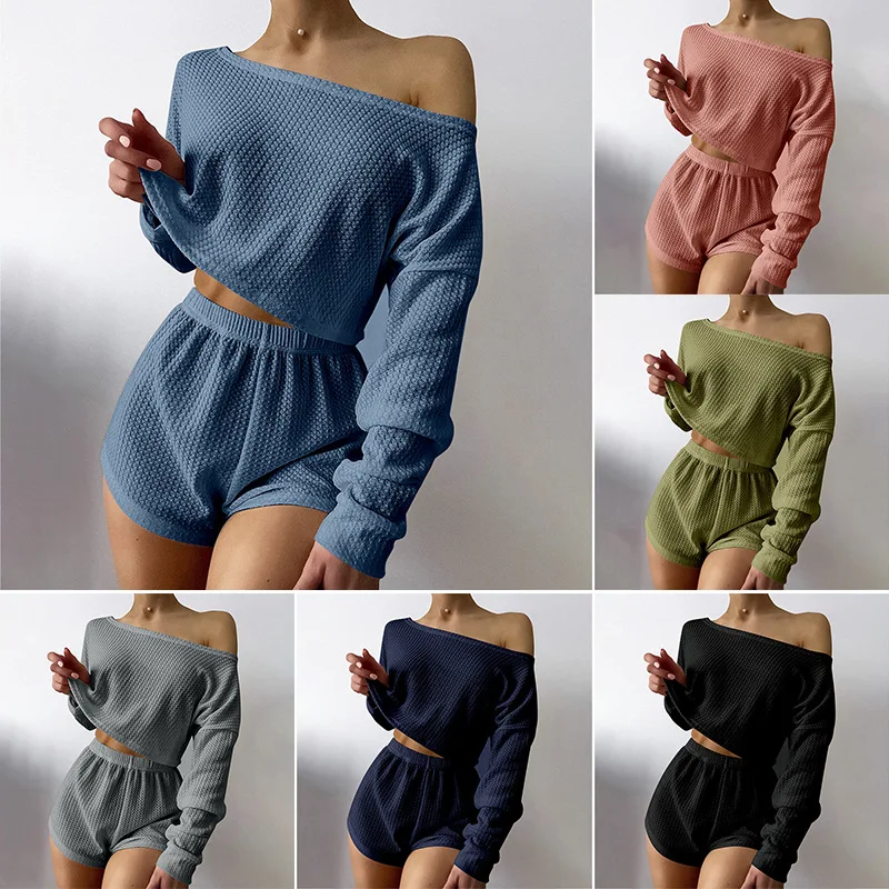 2024 Women\'s Summer Pajamas Two-piece Set One Shoulder Long Sleeve Short Top Elastic Waist Shorts Suit Casual Home Wear Suit