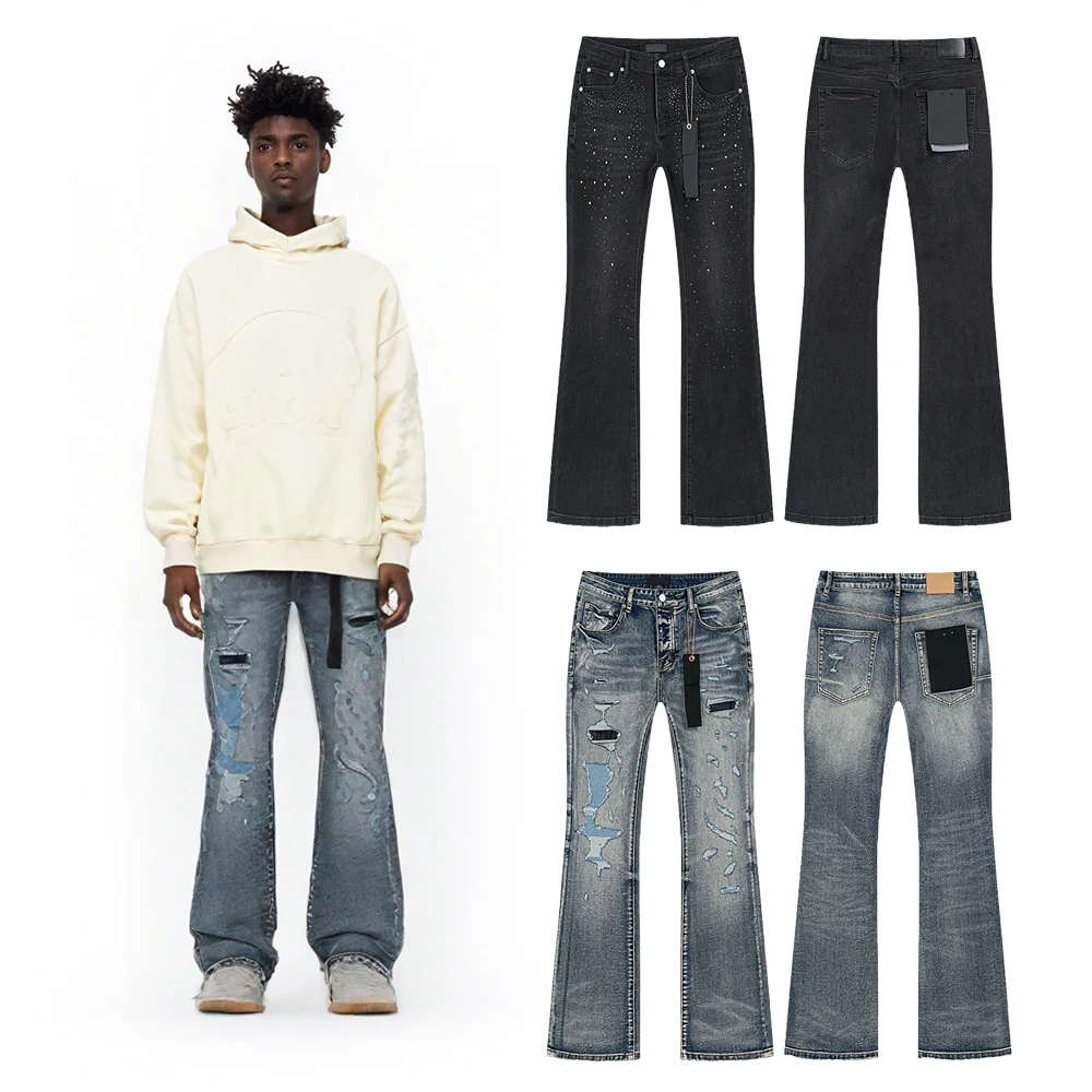 

Y2K Men's Clothing Hip-hop Streetwear Baggy Pant Ripped Jeans with Rhinestones Retro Denim Pants Casual Street Style Flare Jeans