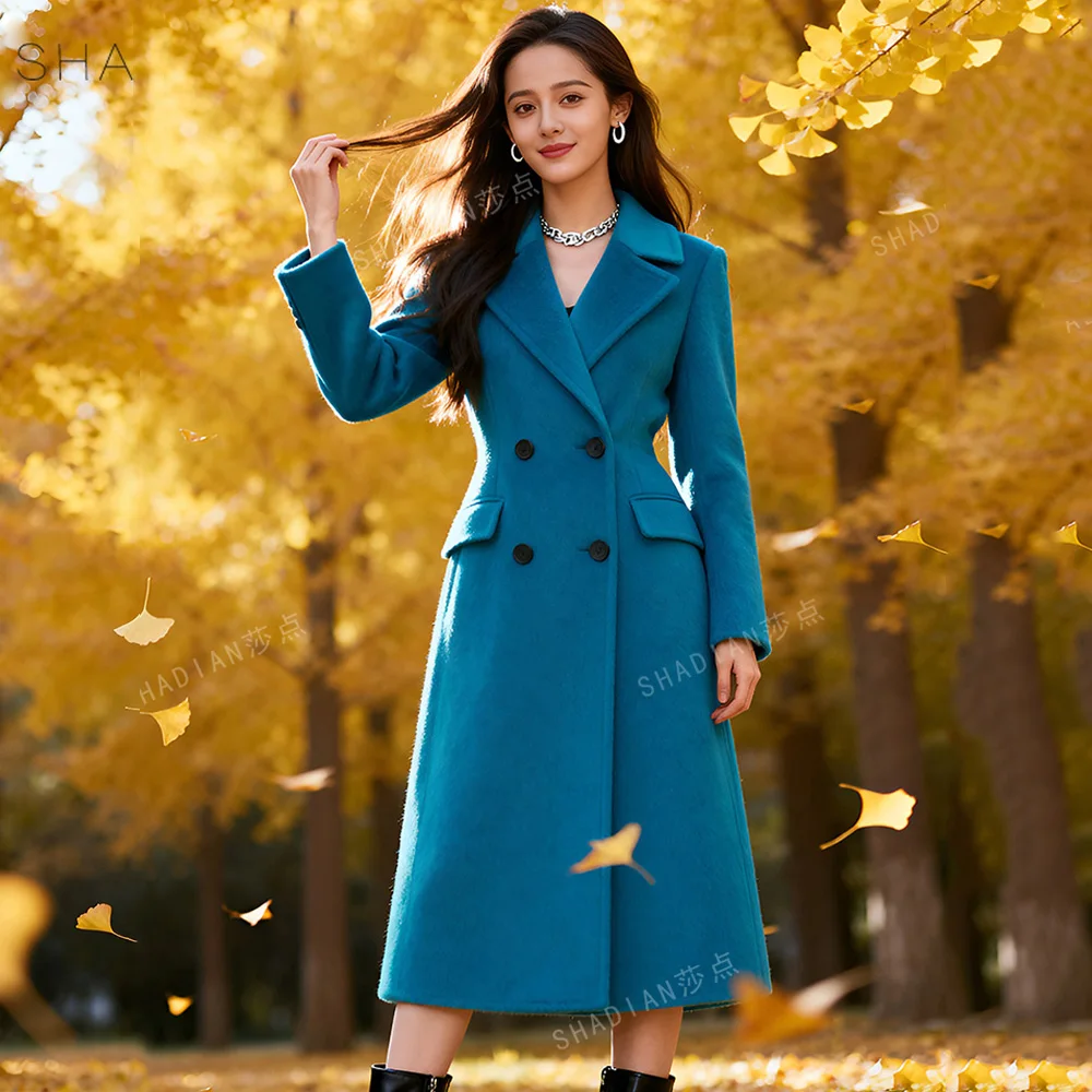 New Women Spring Autumn SLim Waist Woolen Coat Fashion Suit Collar Double Breasted Blazer Wool Blends Coat Office Lady Coat