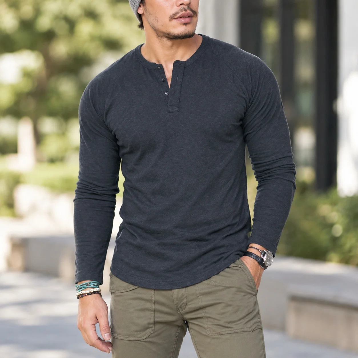 Casual Round Neck Slim Fit T Shirt with Long Sleeves Pullover Set in Sleeve Spring Autumn No Hood Collarless Men T Shirt