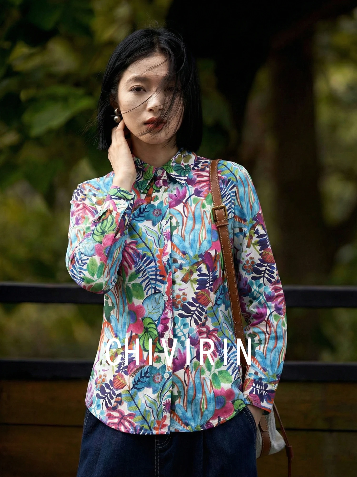 

Chic Slimming Printed Long Sve Collar Casual irt Women's Faionable Vintage Sle Cotton Spring 2026 Chinese Sle
