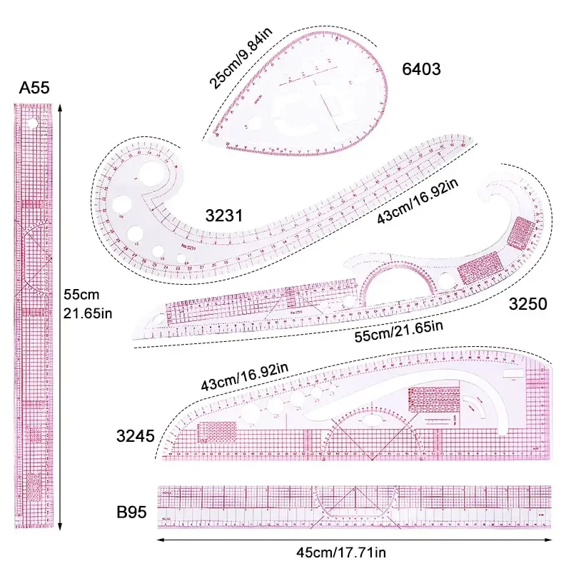 6-Piece French Curve Ruler Set - Flexible Tailoring Templates for Dressmaking, Pattern Drafting & DIY Sewing Projects