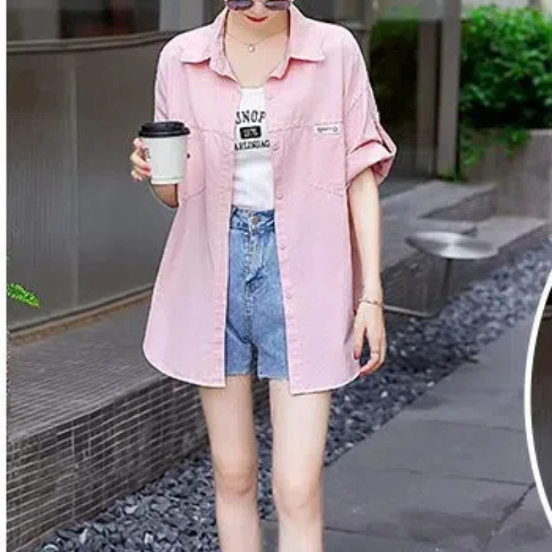 

2024 Summer Women's New Splicing Polo Collar Button Pocket Fashion Solid Color Minimalist Casual Short Sleeve Blouses Shirts