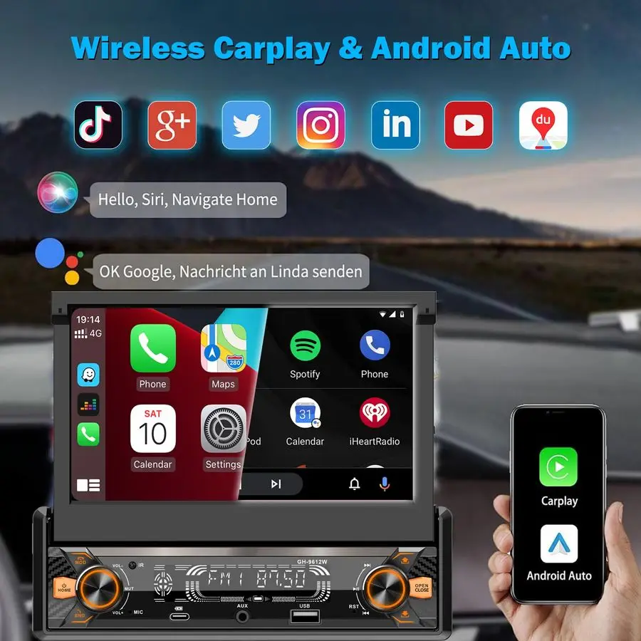 Автомобильный радиоприемник Din с сенсорным экраном 7, моторизованный откидной выход, совместимый с Apple CarPlay, беспроводная автомобильная стереосистема Android Auto, Bluetooth TypeC, США