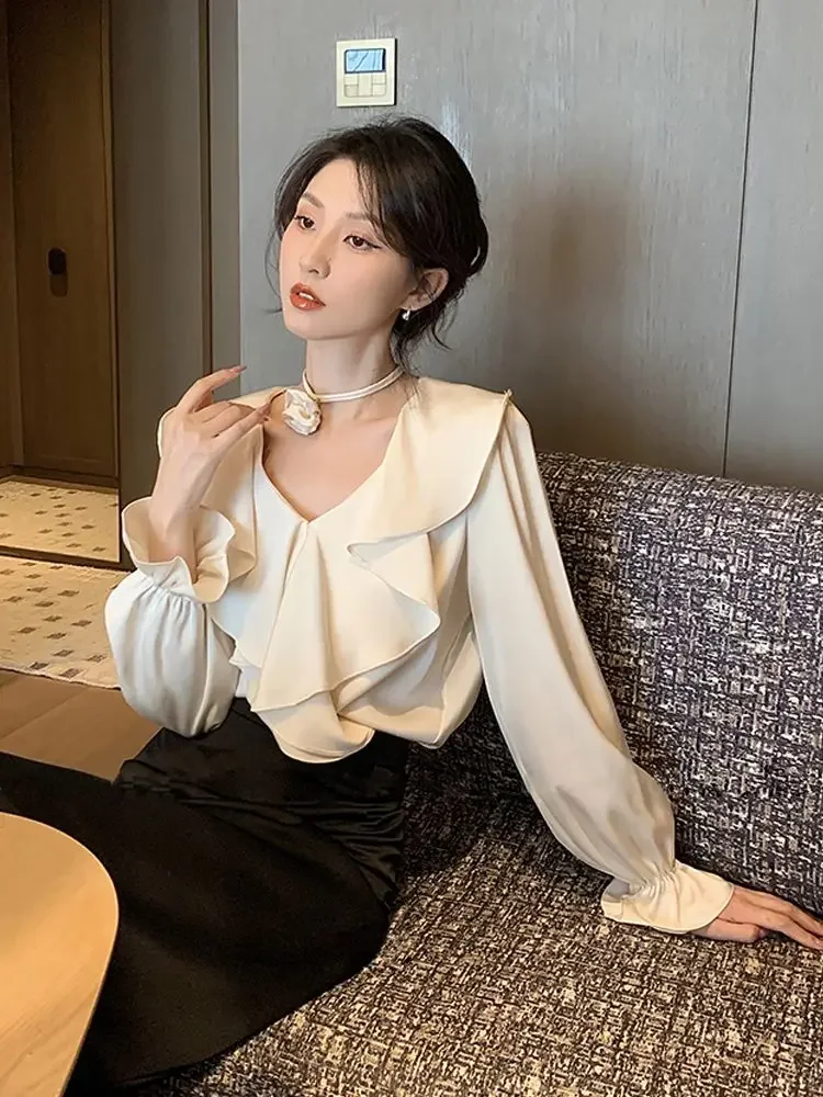 秋白リボンデザインブラウス女性 V ネック Y2k フレンチヴィンテージエレガント原宿トップス女性固体韓国ファッションシックな服