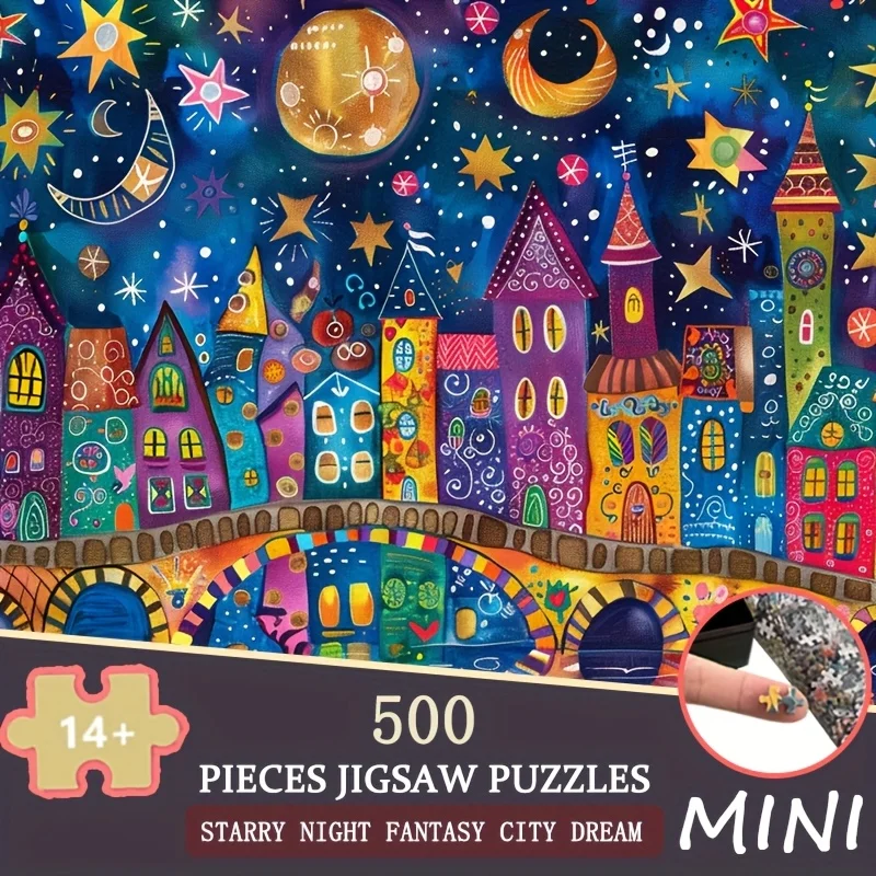 

Мини-пазлы из бумаги для взрослых, 38x26 см, 500 элементов: «Звездная ночь: Городская фантазия» или игры и развлечения для вечеринок, ПОДАРОК КО ДНЯ РОЖДЕНИЯ/ПРАЗДНИКУ