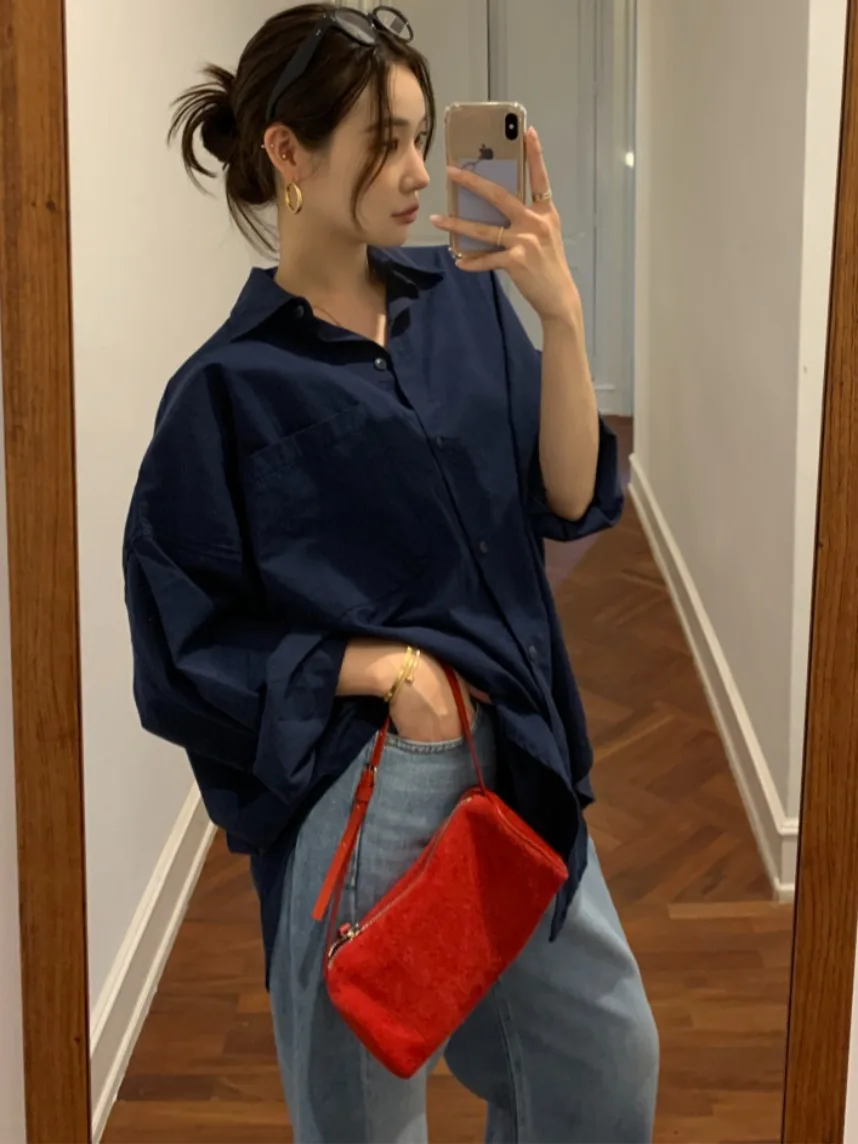 Chic printemps décontracté coupe ample longue Sve irt femmes col rabattu petits boutons polyvalent confortable chemisier asymétrique