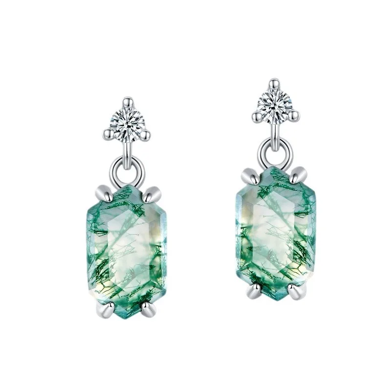

925 Sterling Silver Fashion Stud Earrings for Women Natural Gemstone Moss Agate Wedding Jewelry Gifts