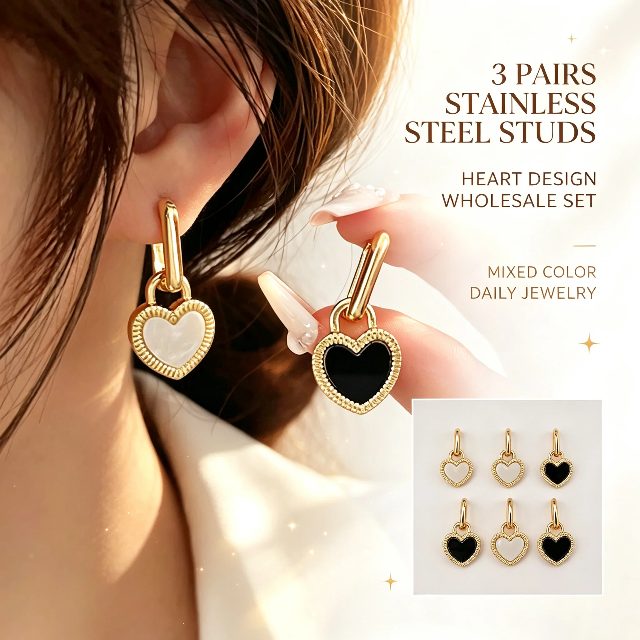 3 Pairs Double‑Sided Reversible Heart Dangle Earrings Wholesale Stainless Steel Black White Drop Earrings Jewelry Set For Women