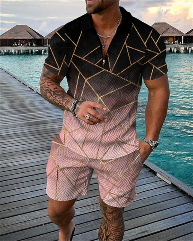 

Men's Summer 2025 Zipper Collar pullover, Casual Color print, Polo Shirt And Fashionable shorts, men's Clothing