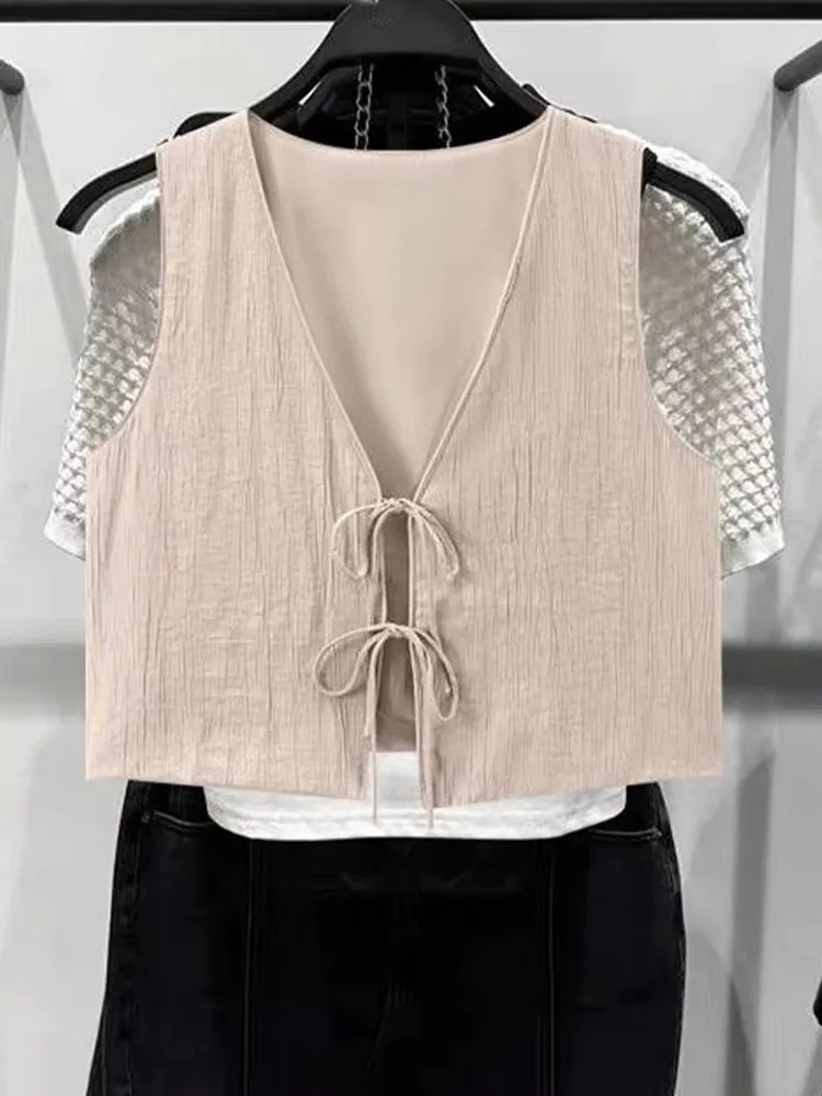 2024 Summer Women Brown V-Neck Sleeveless Lace Up Cardigan Slim Vest+ A Line Casual Loose Skirt 2 Pieces Set For Holiday