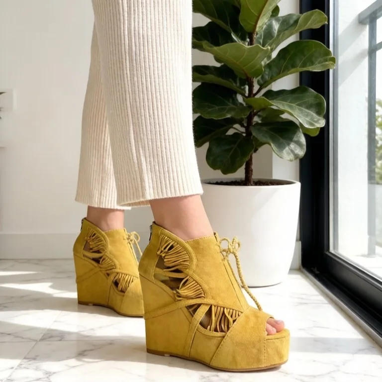 

Women's Yellow Suede Wedge Sandals Peep Toe Fringe Tassel Platform High Heel Ankle Boots