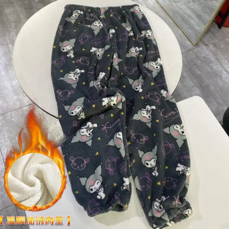 Hello Kitty Kuromi Flannel Pajama Pants Anime Cartoon Sanrio Home Pants Student Casual Long Pants Velvet Thickened Warm Pants