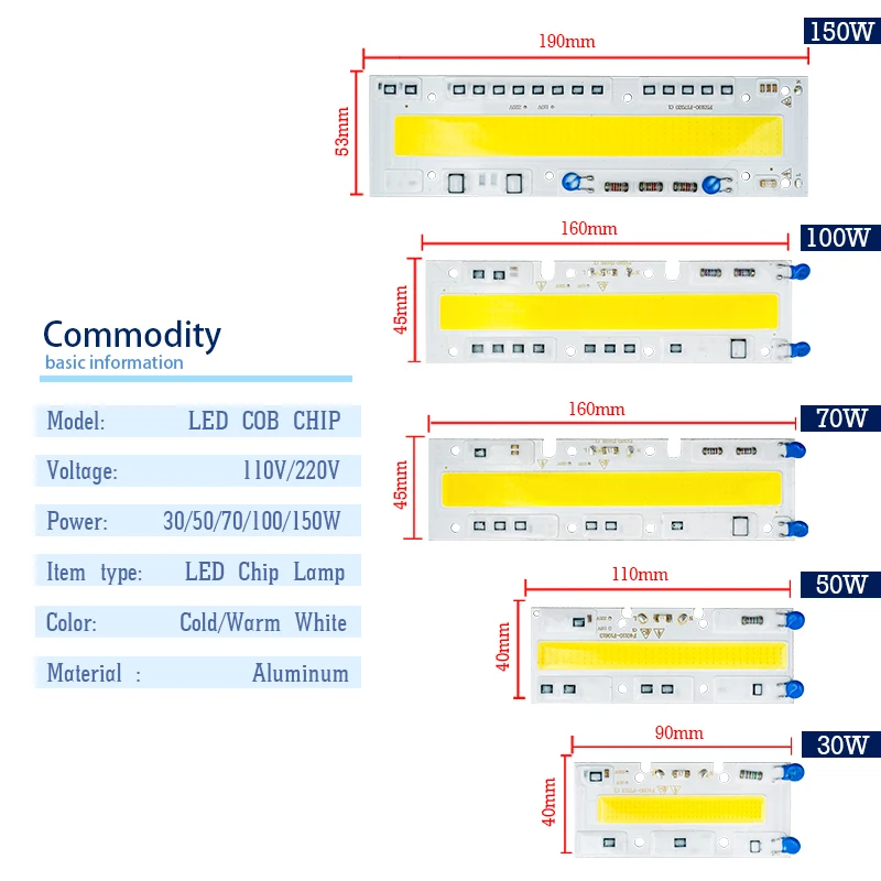 10pcs/lot LED Chip 10W 30W 50W 150W 220V 110V COB Lamp For Flood Light Spotlight Accessories DIY No Need Driver Matrix Lighting