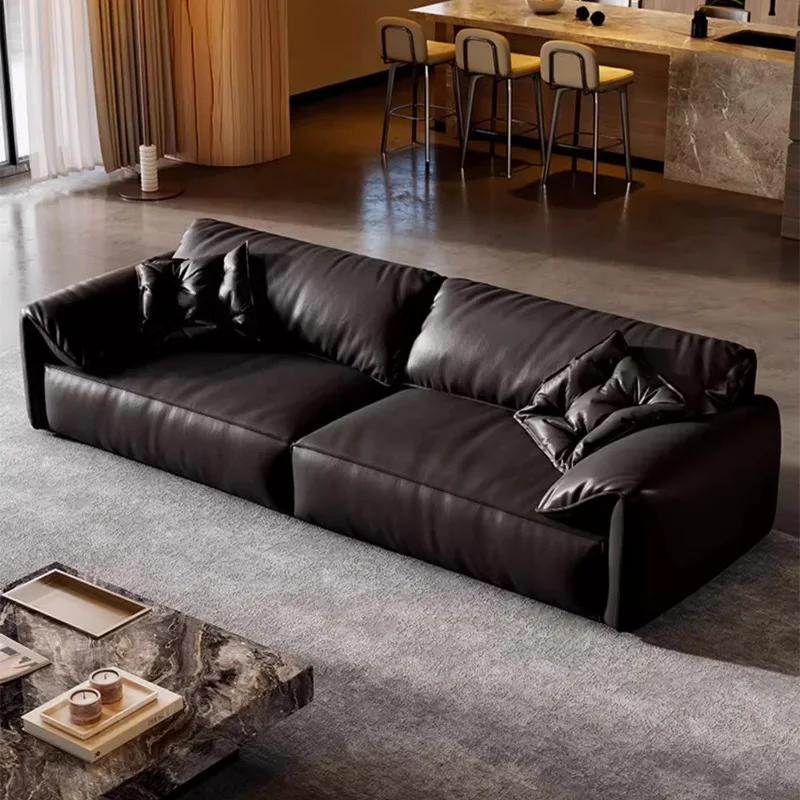 Elephant Ear Sofa Italian Minimalist First Layer Cowhide Leather Sofa Living Room Straight Row Three-person Down