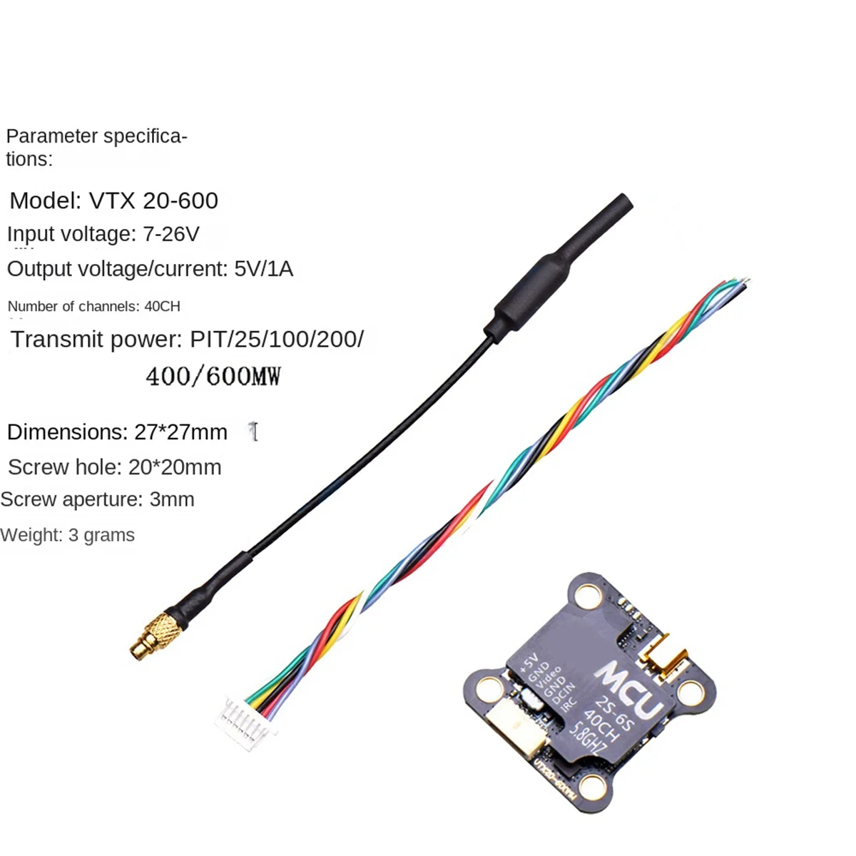 For JHEMCU VTX20-600 VTX 5.8G 600MW FPV Video Transmitter Support 2-6S IRC for FPV Drone