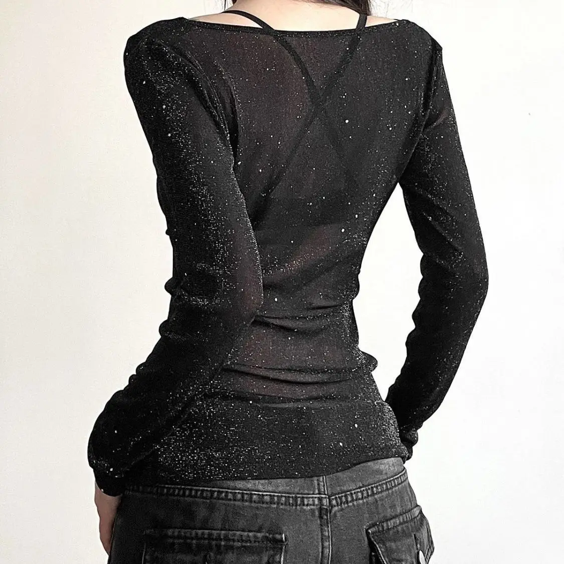 Chic Sequin V-Drape Collar Long Sleeve T-Shirt Women Stylish Semi-Sheer Slimming Distinctive Trendy Top