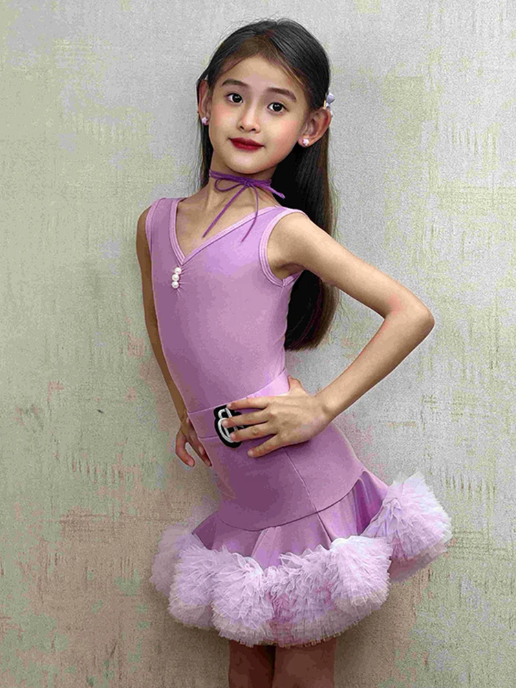 2025 Latin Danskostuum Voor Kinderen Prestaties Kleding Meisjes Tango Salsa Podiumoutfits Paars Mouwloze Oefenset XH 2910