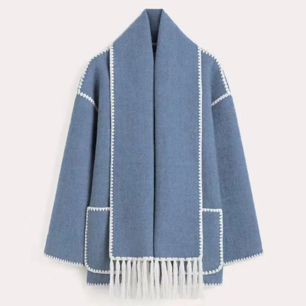 

Winter Fashion Women's Woolen Coat Loose Fit Thickened with Scarf Tassel European American Style by