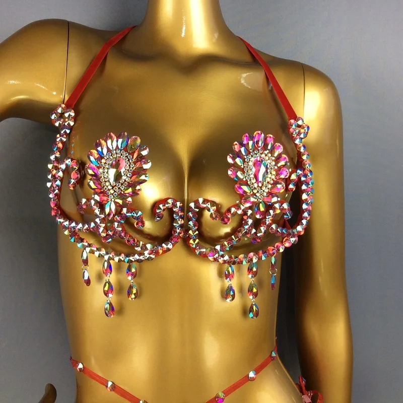 free shipping Samba Carnival Wire Bra & Belt 2pcs/Set Rainbow stones 4colors