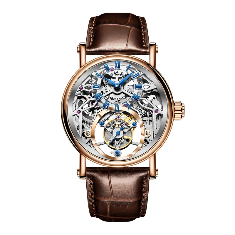 Haofa Hollow Flying Tourbillon Manual Winding Mens Watch 19 Jewels Classical Engraving 42h Power Reserve Waterproof Leather 1602