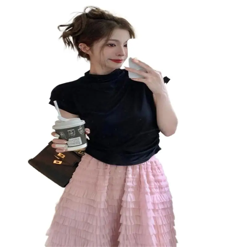 

Summer Knitted Cotton Chic Inverted High Neck Crop Top Simplicity Design Sense 2 Side Elastic Tie Up Slim Shirts Blouses