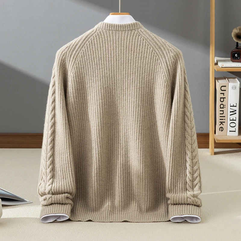 High quality 100% cashmere men's pullover knitted sweater Pull luxury Jumper round Neck thick Tops trendy men's streetwear