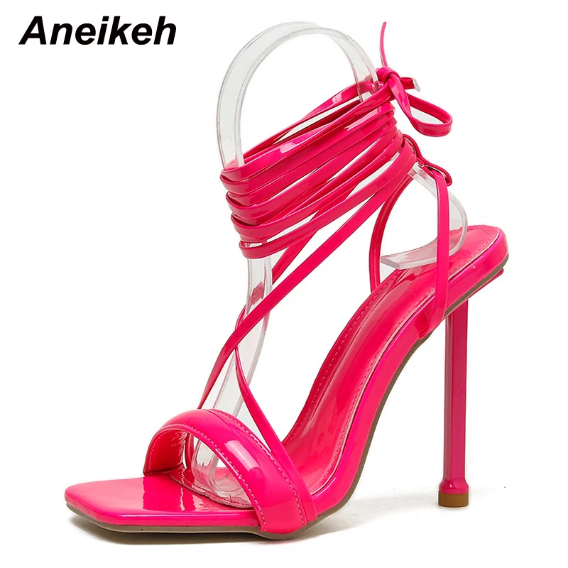 Aneikeh NEW Summer Thin Heel Square Toe Cross-tied Heeled sandals Heel High Heel Sexy Sandals Narrow Band Stripper Shoes Lace-Up