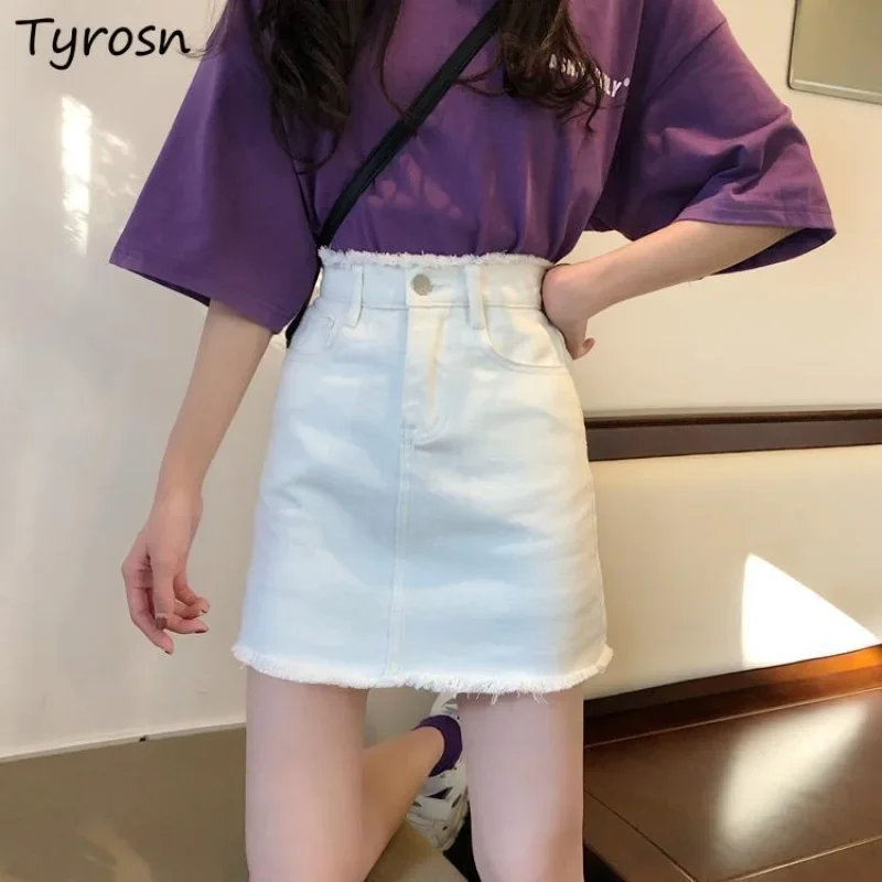 

Skirts Women Design Denim Fashion Solid All-match Summer Preppy Simple Leisure Tassel Ulzzang A-line High Waist Mini Students