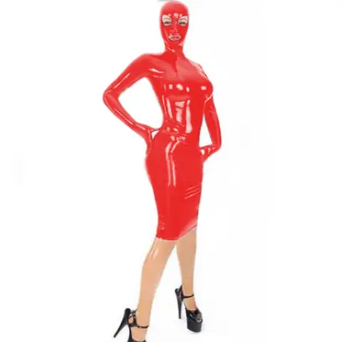 Club Sexy Wetlook Mid Dress Novelty Bodycon Knee-length Dress with Hoods Vinyl PVC Zipper Back Slim Fit Bondage Dress Cosplay