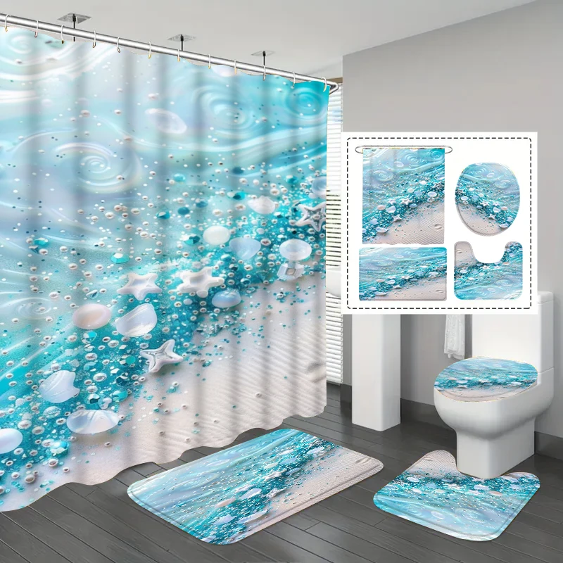 

1/3/4Pc Ocean Pearl Starfish Waterproof Shower Curtain, No-Drill Installation, Anti-Mold Thickened Bathroom Divider
