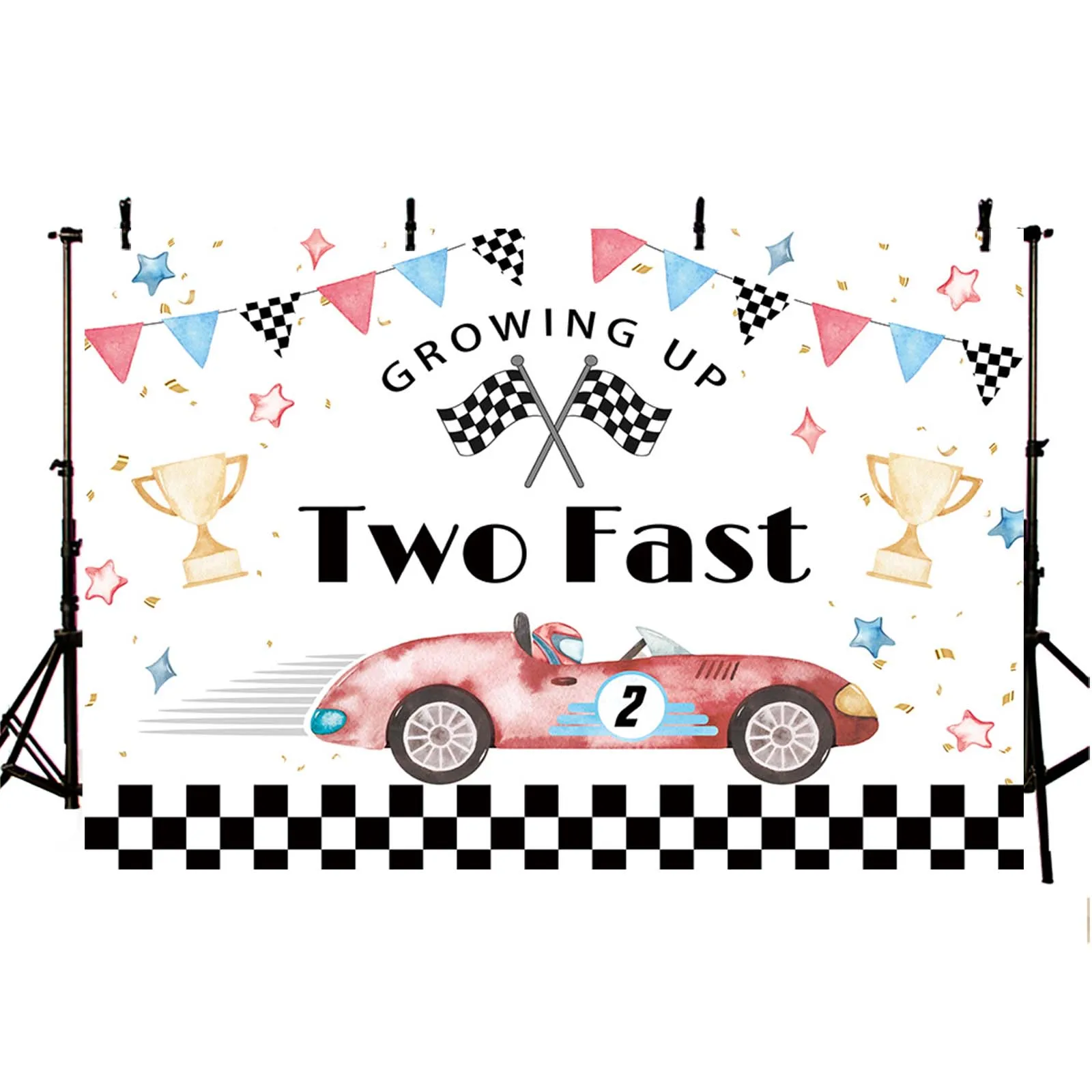 AIBIIN Racing Birthday Party Backdrop 2 Fast Red Blue Car Competitions Black White Checker Party Decor Photography Background