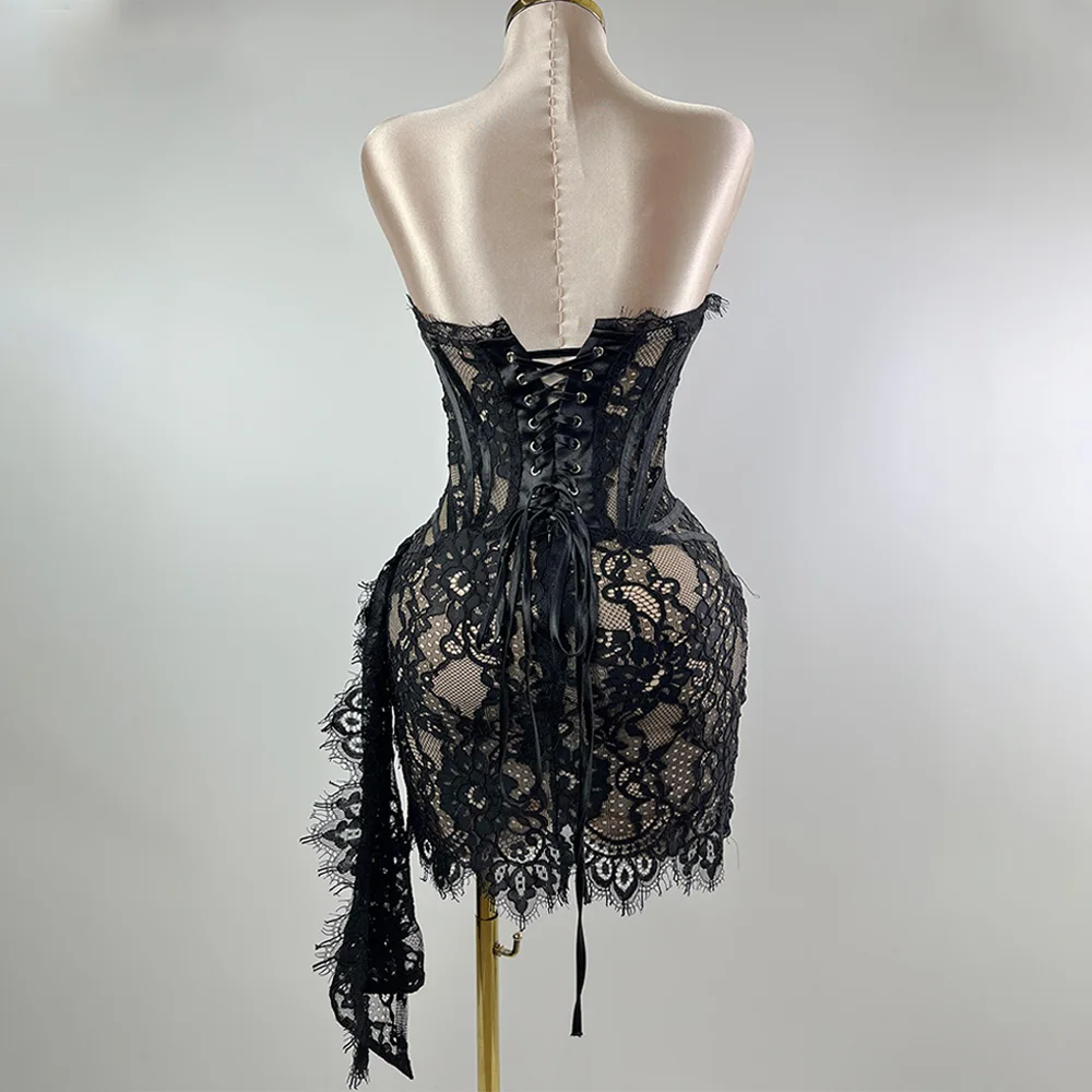 Sexy Lace See-through Solid Color Sheer Patchwork High Waist Lace Dress Sleeveless Lace-up Adjusted Draped Slim Evening Dress